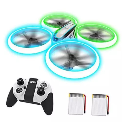 Blue quadcopter RC drone with LED ring lights, remote controller, and spare batteries