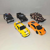 Diecast pull-back toy car set with five vehicles in yellow, orange, black, brown, and blue.