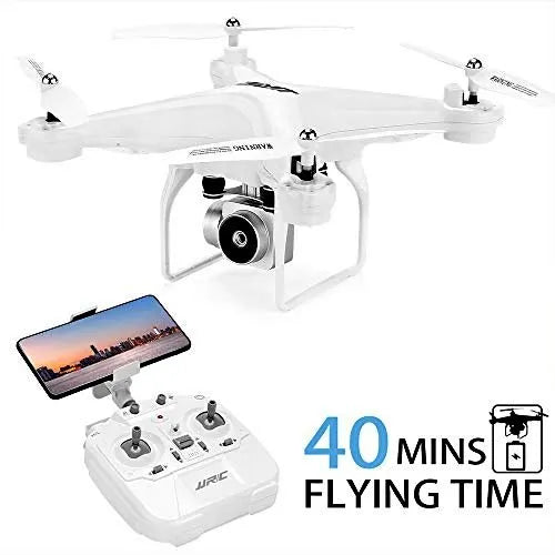 White quadcopter drone with front camera and app-style controller screen