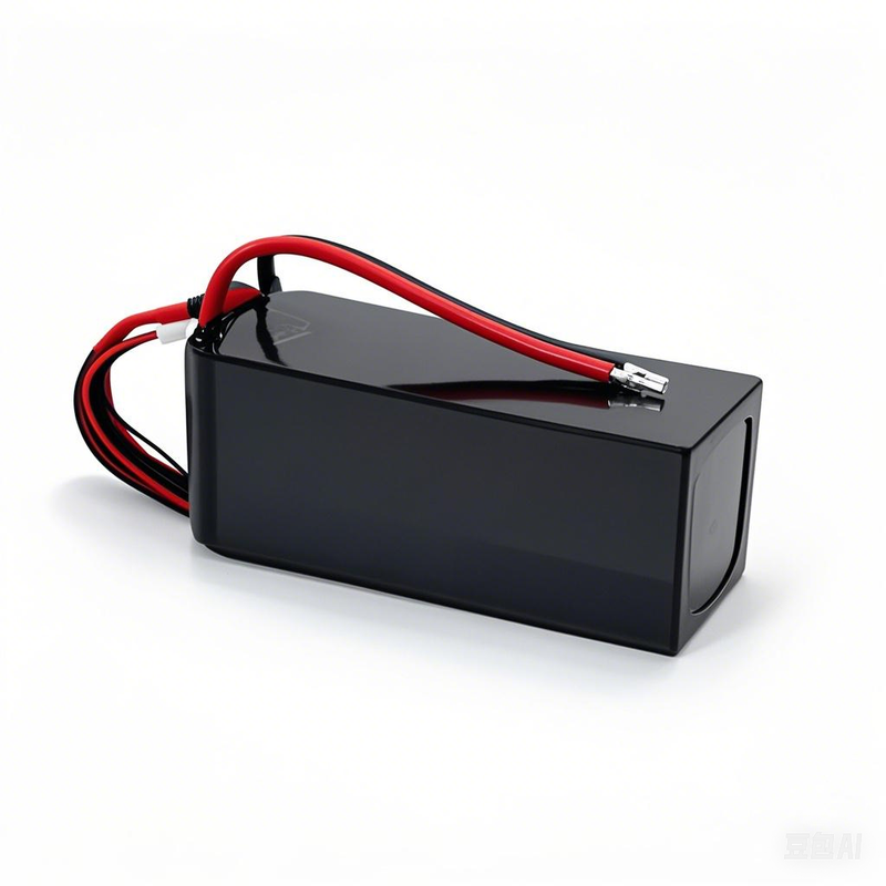 Black 4S lithium battery pack with red and black leads and connector