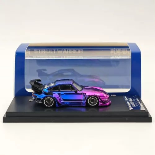 1:64 diecast sports car model, chrome gradient blue-purple, in display case