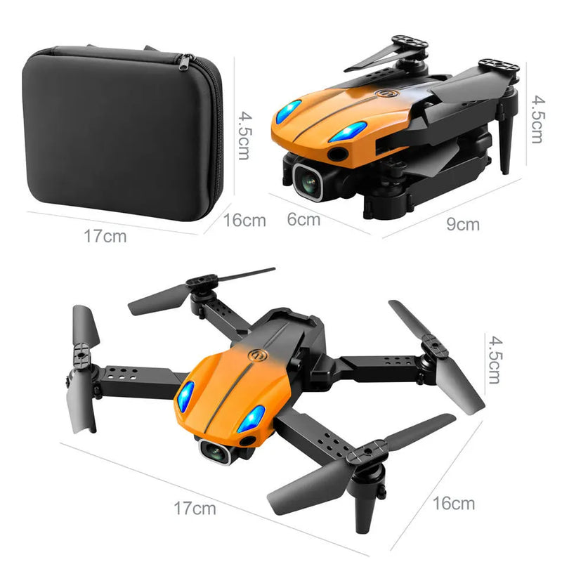 Orange and black 4-rotor camera drone with front camera and folded propellers, with black case