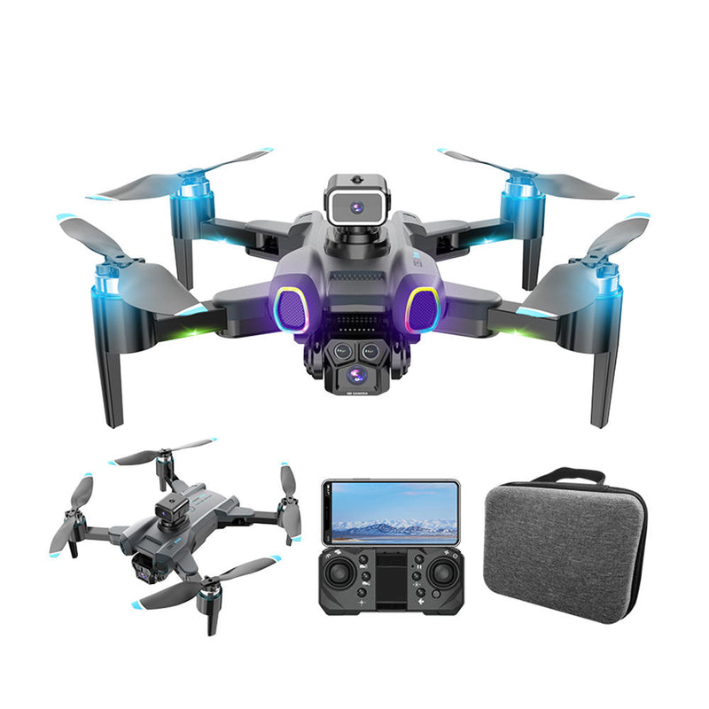 Foldable mini quadcopter drone with camera, blue propellers, remote controller and case