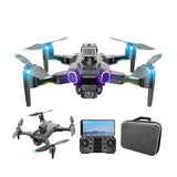 Foldable mini quadcopter drone with camera, blue propellers, remote controller and case