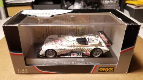 Diecast race car model in display box, white #23 Panoz roadster