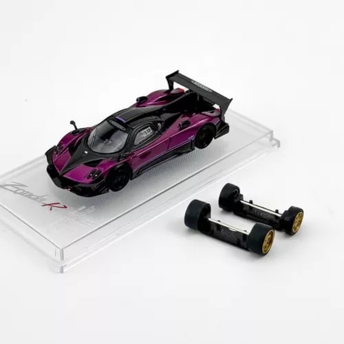 1/64 diecast sports car in purple and black with rear wing and open hood