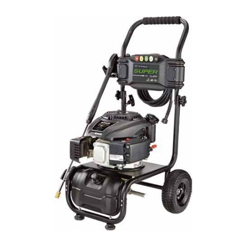 Gas high-pressure washer with wheeled frame, engine, and pull handle control panel