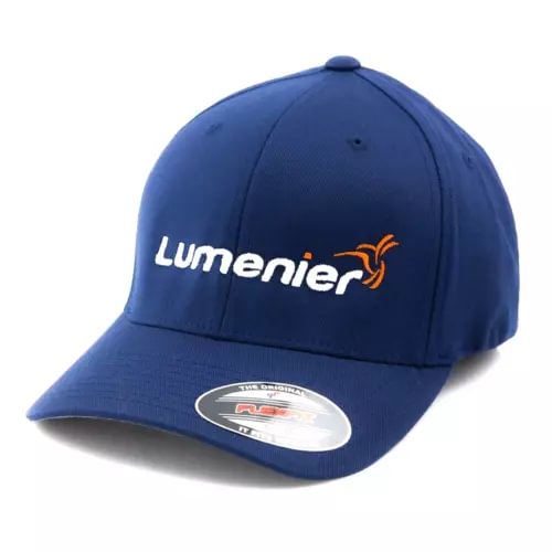 Blue baseball cap with Lumenier logo and orange drone icon, curved brim