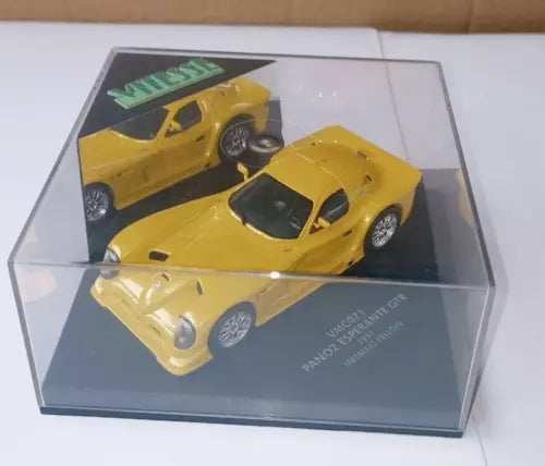 Yellow diecast race car model in clear display case, front and side view