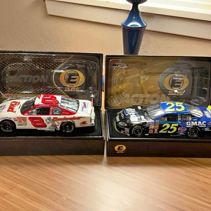 Diecast racecar set with two boxed cars, red #8 and blue #25 with decals