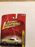 Johnny Lightning diecast car toy, tan and white 1970 Monte Carlo SS on card