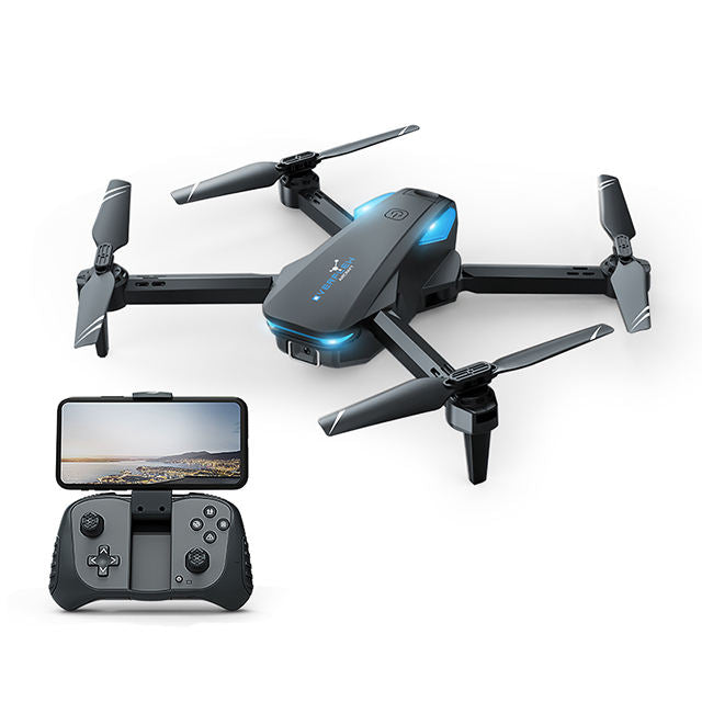 Folding RC quadcopter drone with controller and handheld screen, four propellers