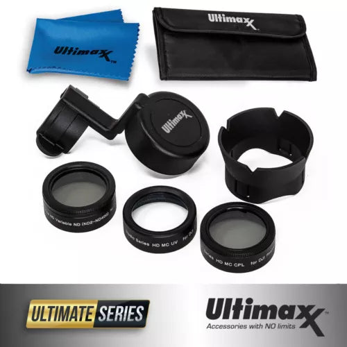 Drone camera filter kit with UV, CPL, and ND filters, lens cap, and case