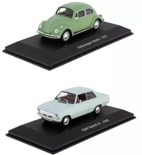 Set of 2 diecast model cars, green Volkswagen Beetle and white Opel Kadett