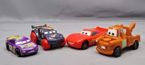 Diecast tow truck vehicle with character cars: orange truck, red and purple cars.