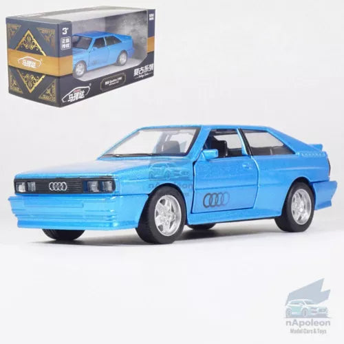 1:36 scale blue Audi Quattro diecast model car, front three-quarter view