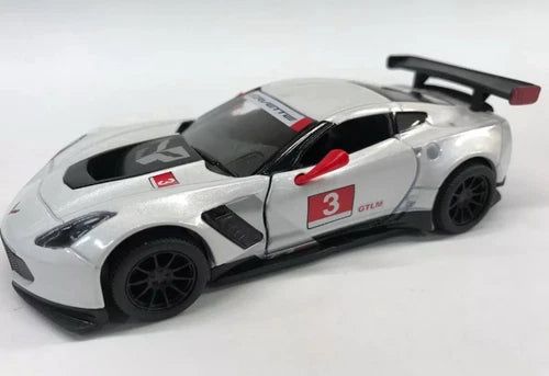 Diecast race car model toy with white body, black hood, rear spoiler, number 3