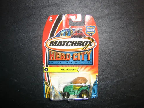 Matchbox Hero City Max Tractor diecast in blister packaging, green tractor and box front