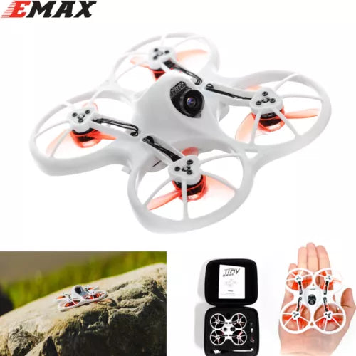 EMAX FPV racing drone, white quadcopter with front camera and four propellers