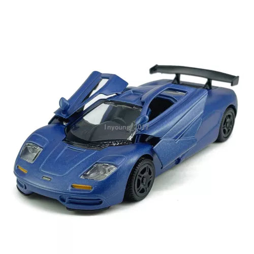 Blue diecast model sports car with black windshield and rear wing