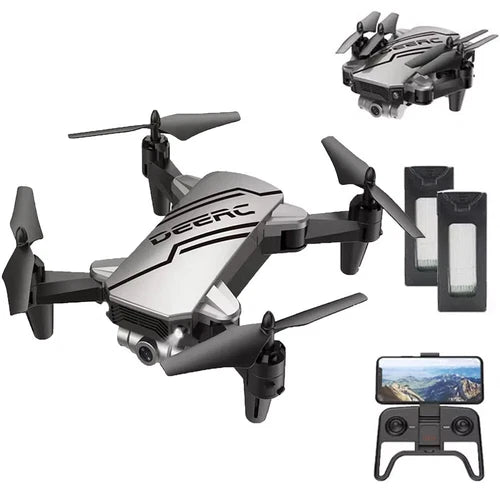 Silver and black mini drone with 720P HD FPV camera, 2-battery set and controller