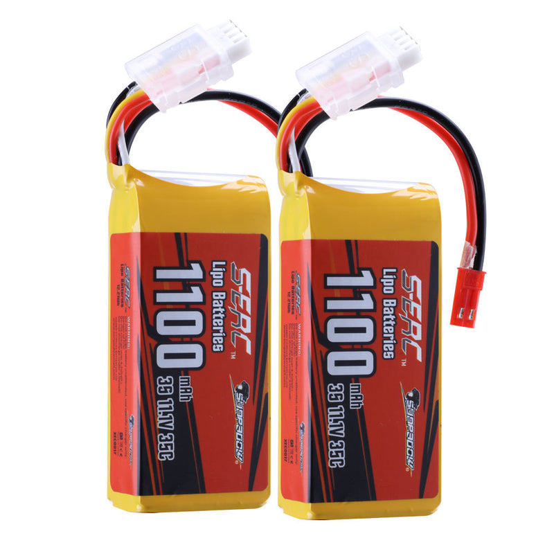 SUNPADOW 3S 1100mAh LiPo battery packs with red JST plug, soft pack, two units