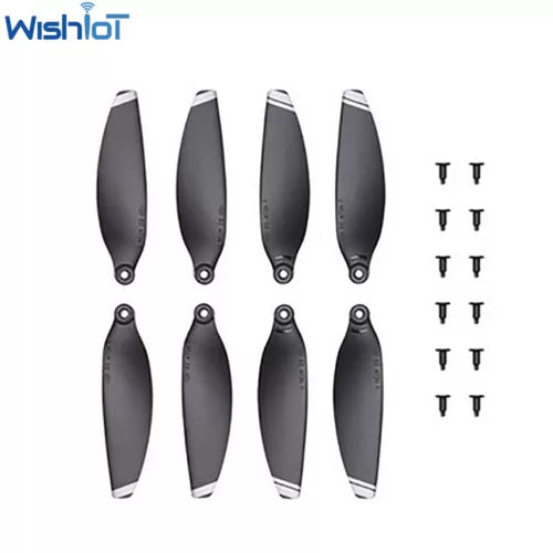 Eight black drone propeller blades with small mounting screws
