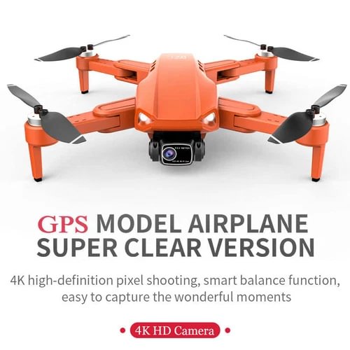 Orange quadcopter drone with front camera and four propeller arms