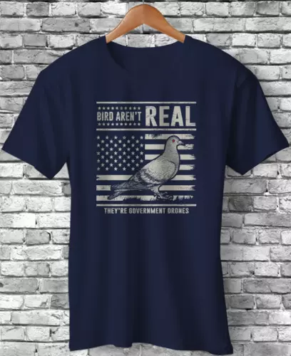 Navy graphic T-shirt with 'Bird Aren't Real' slogan and pigeon illustration