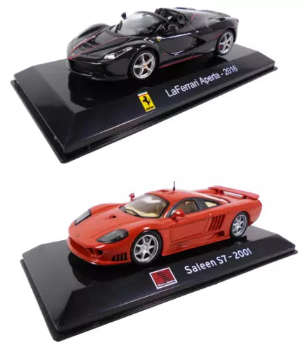 Diecast miniature cars: Ferrari Aperta (black) and Saleen S7 (red) on display bases