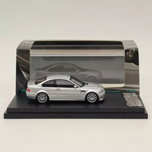 Silver diecast BMW E46 M3 model car on black display base
