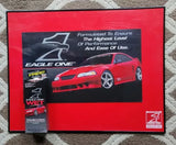 Red framed car promotional poster display with red sports car and Eagle One branding