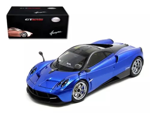 Blue and black Pagani Huayra diecast model car with rear spoiler, 1:18