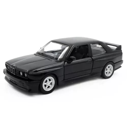 Black 2-door diecast model car with silver wheels, front three-quarter view