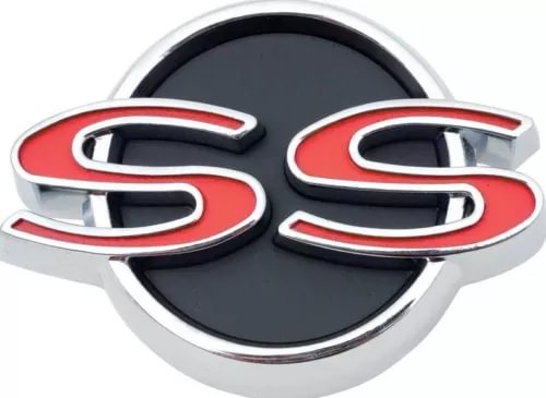 SS grille emblem with red letter S on black center, silver chrome surround
