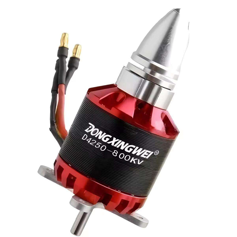 Red and black brushless motor with shaft, mounting bracket, and connector wires
