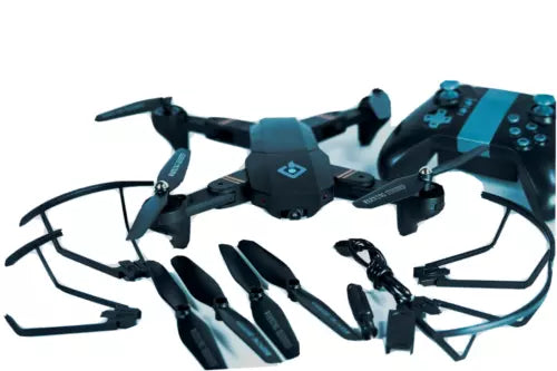 Drone set with quadcopter drone and controller with blue accents