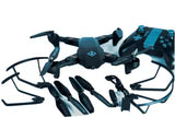Drone set with quadcopter drone and controller with blue accents