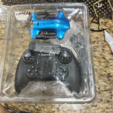 Drone camera kit with blue drone and black remote controller in clear packaging