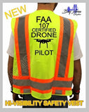 High-visibility safety vest, neon green with orange reflective stripes and “FAA 107” text
