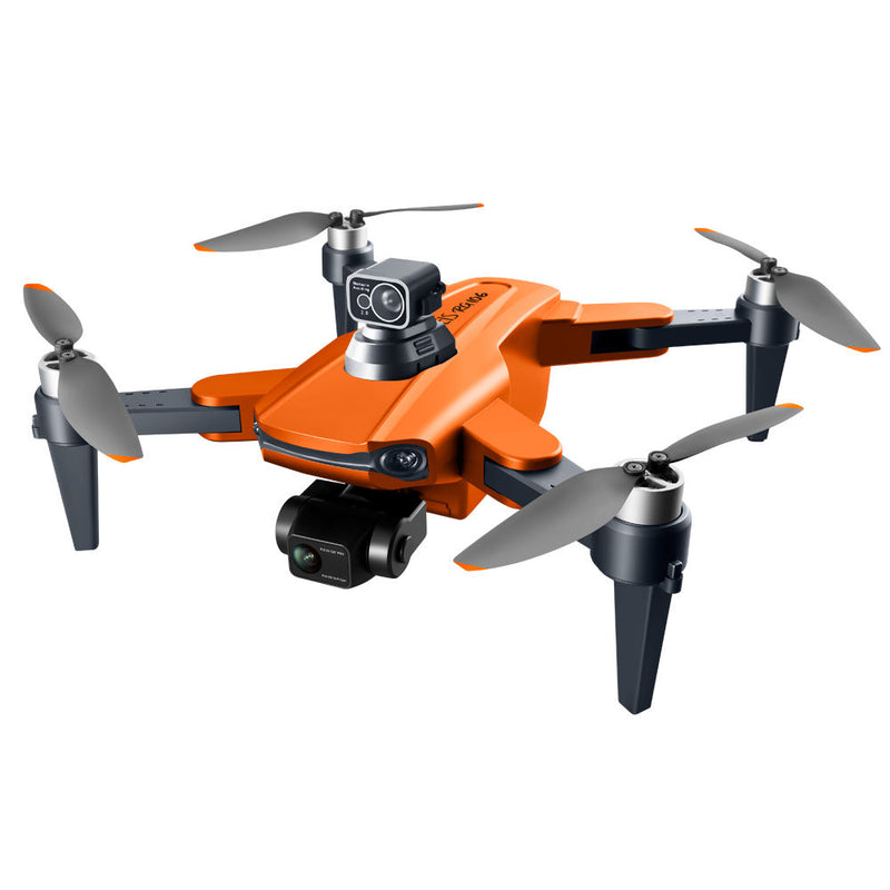 Orange quadcopter drone with front camera and 4 folding propellers, compact body