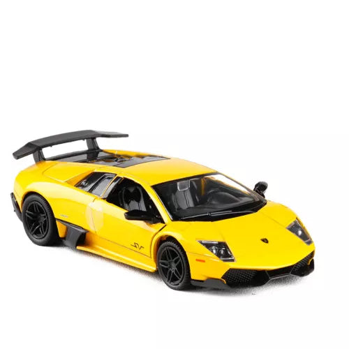 Yellow diecast sports car model with black hood vents and front splitter
