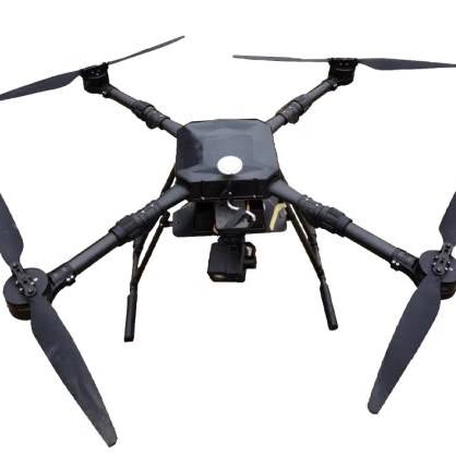 Black quadcopter drone with four propellers and front-mounted camera