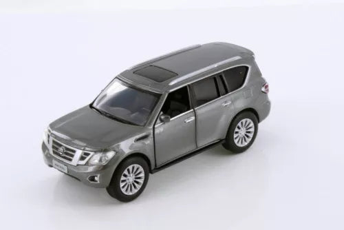 Gray Nissan Patrol Y62 SUV diecast model car, 1:36 scale, four-door.