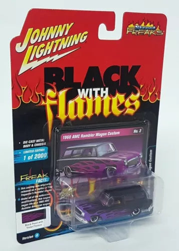 Diecast car toy in blister pack, purple 1960 AMC Rambler wagon with flame graphics