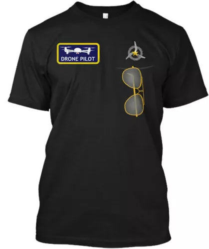 Black t-shirt with Drone Pilot drone and sunglasses graphic
