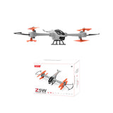 Foldable drone with orange propellers and LED lights, shown with product box