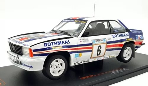 1/18 diecast model car of white Opel Ascona 400 with blue stripe and number 6