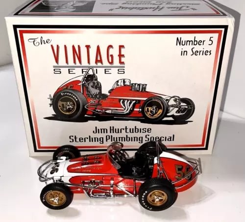 Red vintage sprint car diecast model with black engine, number 5, Jim Hurtubise-themed