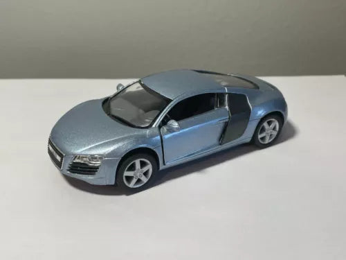 Blue-gray diecast toy sport car with open door, front three-quarter view